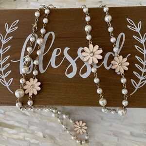 Long Faux Pearl Gold tone Blush Pink Enamel Flower Balletcore Necklace